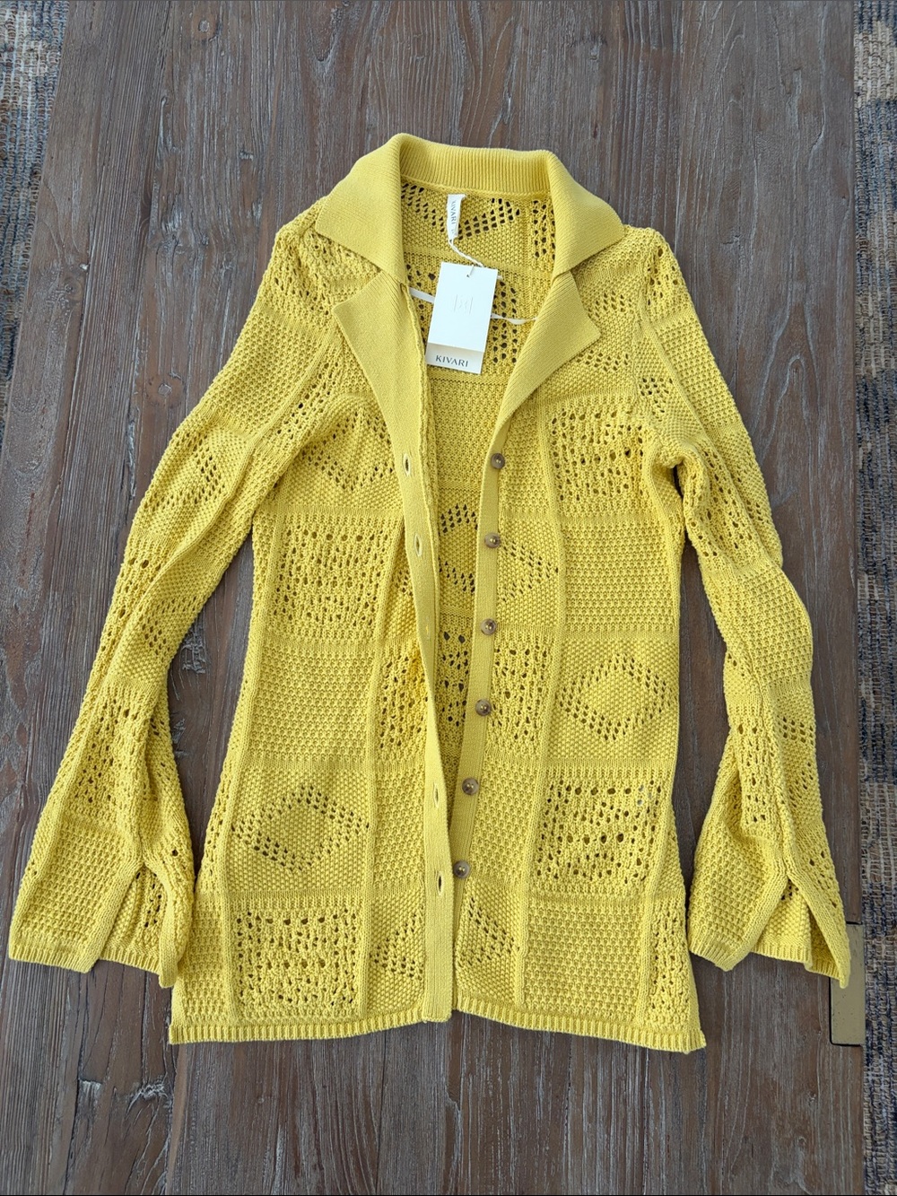 Kivari NWT Women's Yellow Crochet Button-Front Sweater US 6